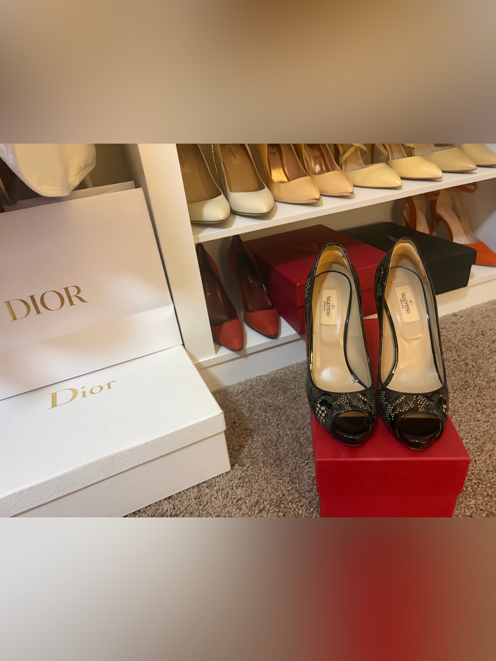 Authentic Valentino Black Lace Patent Leather Peep-Toe Pumps